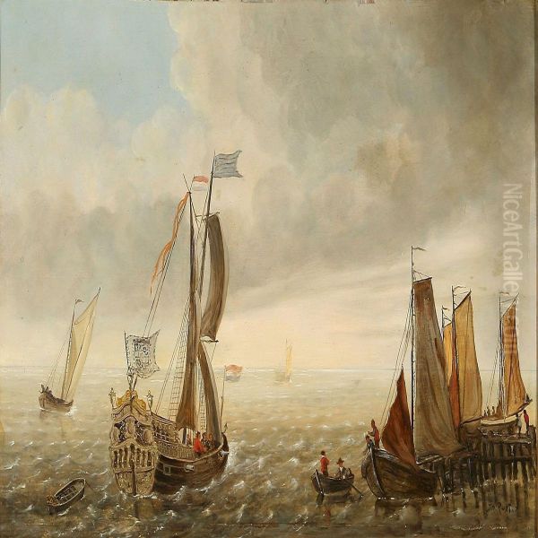 Coastal Scene With A Dutch Warship Oil Painting by Johan Adolph Rust