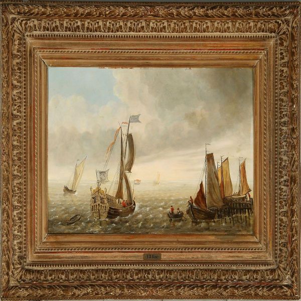 Coastal Scene With A Dutchwarship Oil Painting by Johan Adolph Rust