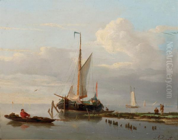 A Barge Moored At A Pier Oil Painting by Johan Adolph Rust