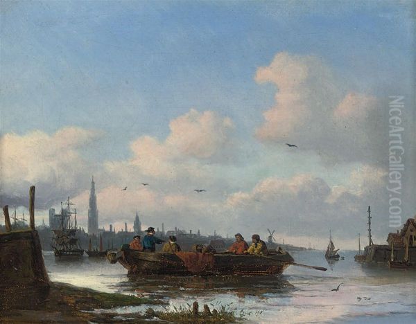 The Ferry Crossing The Scheldt At Antwerp Oil Painting by Johan Adolph Rust