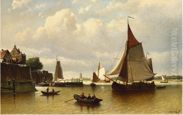 Ships At Low Tide, A Village Beyond Oil Painting by Johan Adolph Rust