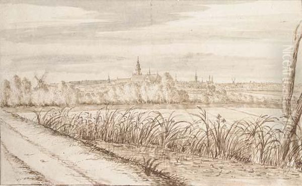 View Of Gouda Seen From The South East, With The Janskerk In Thecenter And The Tiendwegspoort To The Right Oil Painting by Abraham Rutgers