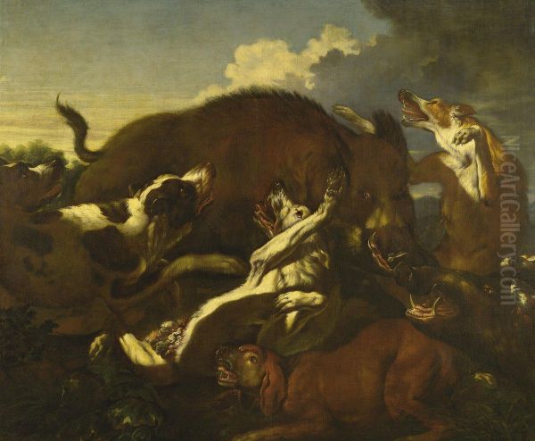 Wild Boar And Dogs Oil Painting by Carl Borromaus Andreas Ruthart