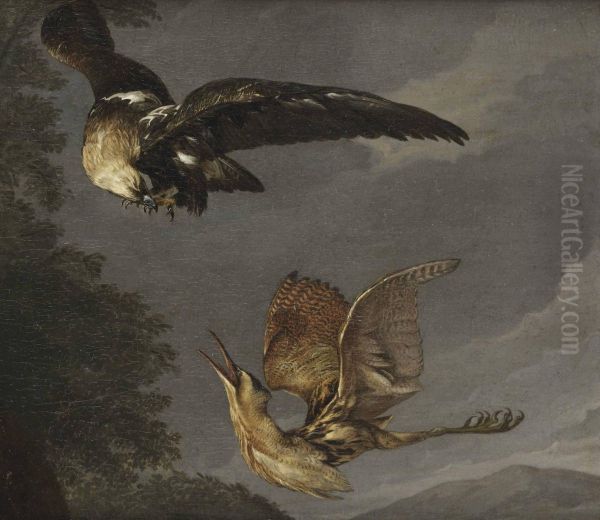 A Golden Eagle And A Bittern In Flight Oil Painting by Carl Borromaus Andreas Ruthart