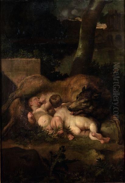 La Louve Allaitant Romulus Et Remus Oil Painting by Carl Borromaus Andreas Ruthart