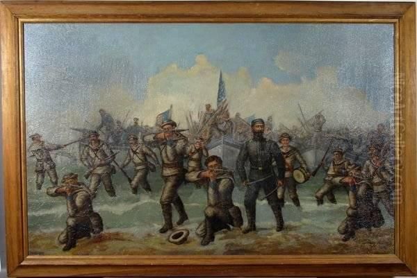 Storming The Beach At Guantanamo Oil Painting by Alexander W. Rutherford