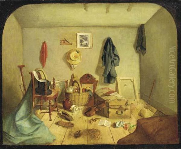 An Interior With A Chest, A Violin And Other Objects Oil Painting by Alexander W. Rutherford