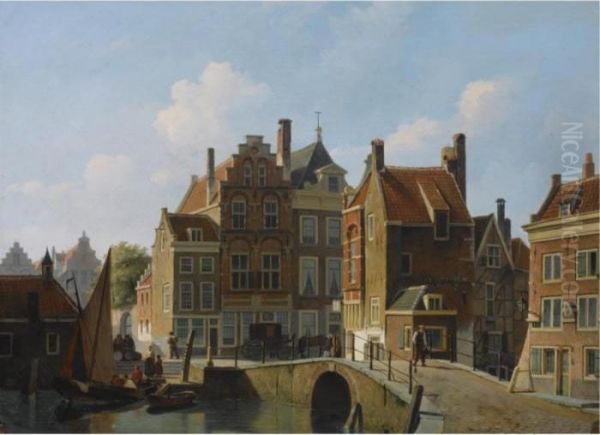 Figures In The Streets Of A Dutch Town, Possibly The Gaardbrug In Utrecht Oil Painting by Johannes, Jan Rutten