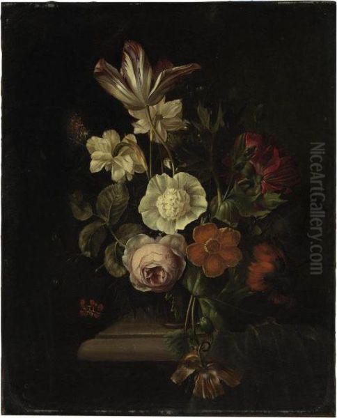 A Rose, Tulip, Carnation, Poppy And Other Flowers In A Vase On A Ledge, With A Butterfly Oil Painting by Rachel Ruysch