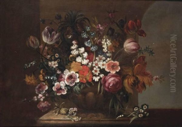 Tulips, Roses, Violets And Other Flowers In A Sculpted Vase On A Stone Ledge Oil Painting by Rachel Ruysch