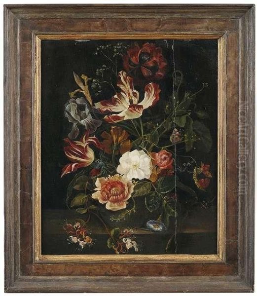 Two Flowerstill Lifes With Roses, Iris, Lilies, Carnations And Guelder Roseon A Stone Pedestal. Oil Painting by Rachel Ruysch