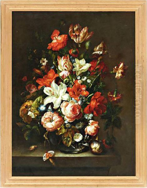 Bloemen In Vaas Op Een Plint Met Vlinder Oil Painting by Rachel Ruysch