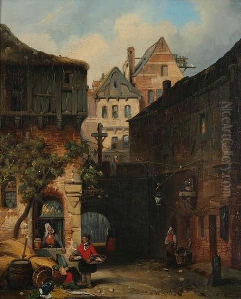 Antwerps Stadsgezicht Met Groentenverkoper Oil Painting by Jan Michael Ruyten