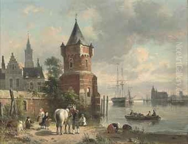 A Coastal Inlet With Figures And A Horse Before A Tower, A Ferry Beyond Oil Painting by Jan Michael Ruyten