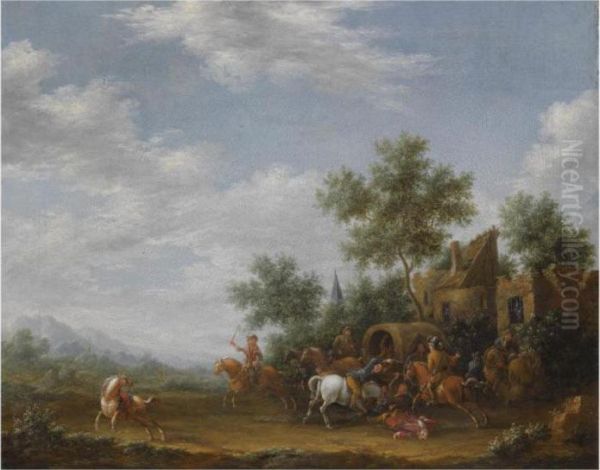 A Landscape With Travellers Being Ambushed Outside A Village Oil Painting by E. Ruytenbach