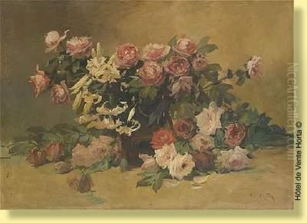 Composition Florale Aux Roses Oil Painting by Alfred Ruytinx