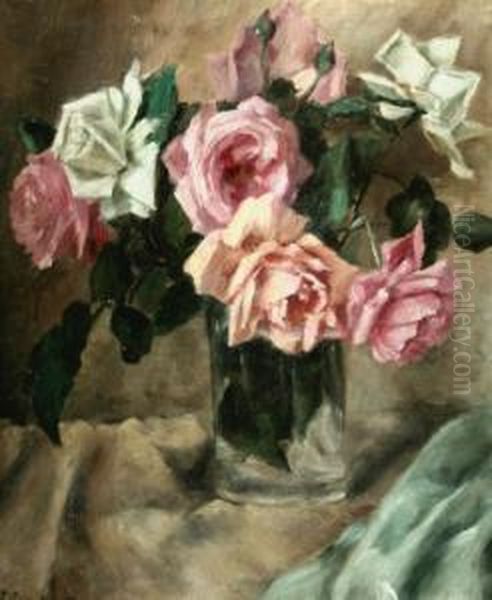 Stilleven Met Rozen. Gesigneerd Oil Painting by Alfred Ruytinx