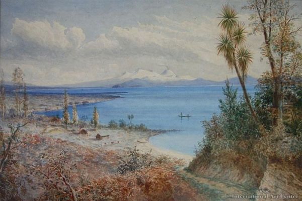 Lake Taupo With Mountains Beyond Oil Painting by Thomas Darby Ryan