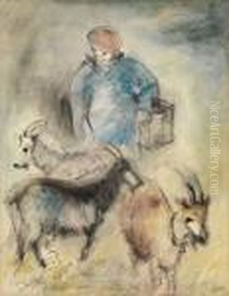 Herdsman With Goats Oil Painting by Issachar ber Ryback