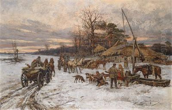 Village Landscape In Winter Oil Painting by Tadeusz Rybkovski