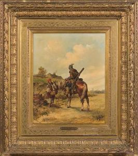 Armored Rider With Horse Oil Painting by Tadeusz Rybkovski