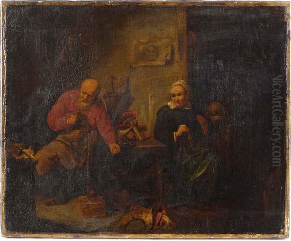 A Cobbler And His Wife In An Interior Oil Painting by David Ryckaert