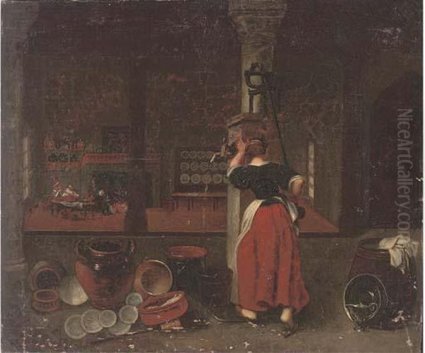 A Kitchen Interior Oil Painting by David The Elder Ryckaert