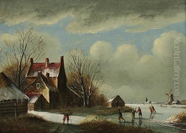 Winter Landscape With Skaters On A Frozen Lake Oil Painting by Jacobus Ryckaert