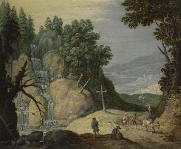 A Rocky Landscape With A Waterfall And Travellers On A Path Oil Painting by Marten Ryckaert