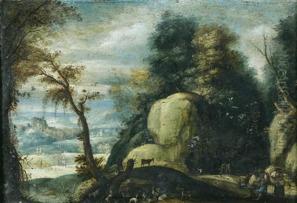 Bergers Et Leur Troupeau Dans Un Paysage Rocailleux Oil Painting by Marten Ryckaert