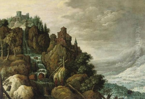 Marten Rijckaert A Mountainous Landscape With A Waterfall And A Fortification On Therocks, Figures Conversing In The Foreground Oil Painting by Marten Ryckaert