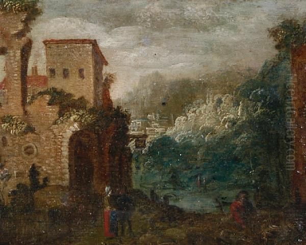 Landscape With Buildings And Figures Oil Painting by Marten Ryckaert