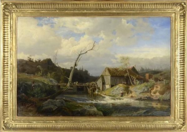 Landskap Med Vattenkvarn, Tvatterskor Och Metande Barn Oil Painting by Gustaf Rydberg