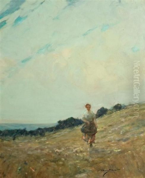 Girl In Landscape Oil Painting by Chauncey Foster Ryder