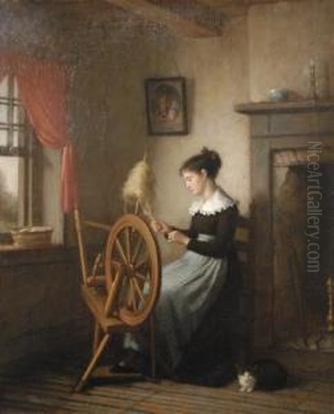 Woman At Spinning Wheel Oil Painting by Platt Powell Ryder