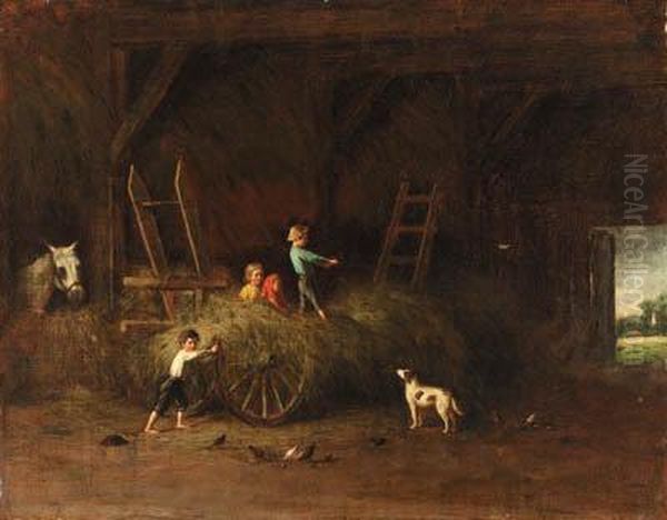 Children At Play In A Barn Oil Painting by Platt Powell Ryder