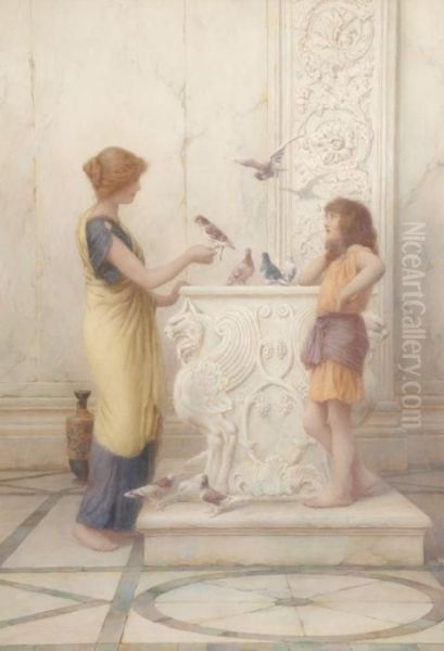 Girls By A Wellhead With Birds Oil Painting by Henry Ryland