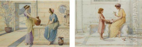 Conversation At The Well; A Gift Of Roses Oil Painting by Henry Ryland