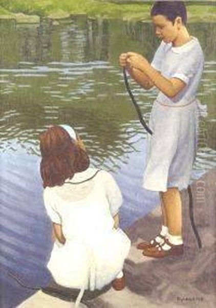 Girls Fishing In A Park by Robert Knight Ryland