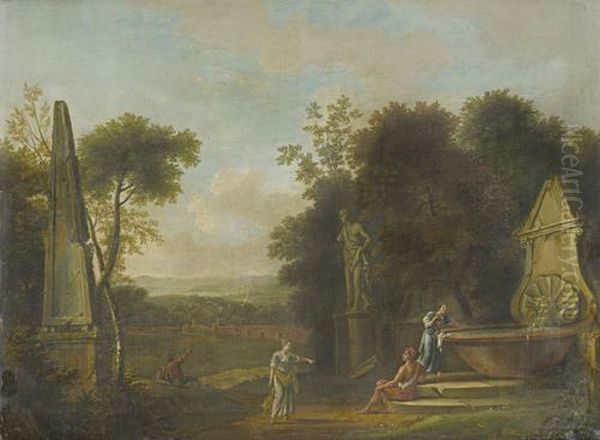 Figures At A Well, Amongst Classical Ruins, In An Italianate Landscape, With A Village In The Distance Oil Painting by Pieter Andreas Rysbrack