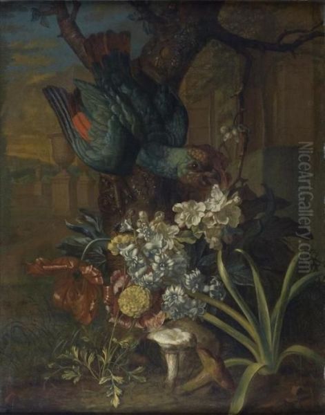 Perroquet Dominant Un Massif De Fleurs Et Champignon Au Pied D'un
Arbre Oil Painting by Pieter Andreas Rysbrack