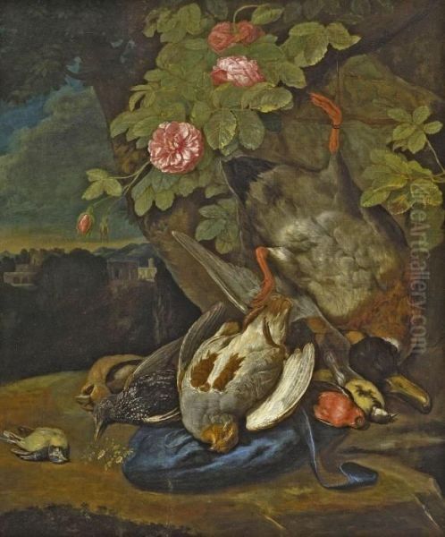 Jagdstillleben Mit Einer Erlegten Ente, Rebhuhnern, Meisen Und Einem Dompfaff Oil Painting by Pieter Andreas Rysbrack