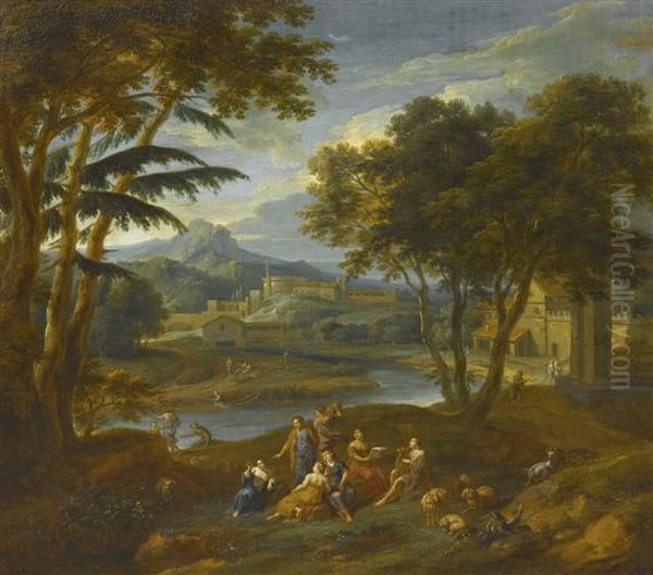 Group Of Figures Playing Music In A Broad Classical Landscape. Oil Painting by Pieter Rysbrack