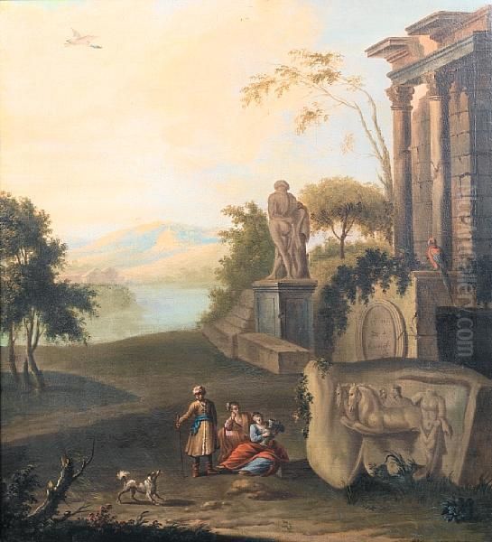 Figures Resting Before Classical Ruins, A Lakebeyond Oil Painting by Pieter Rysbrack