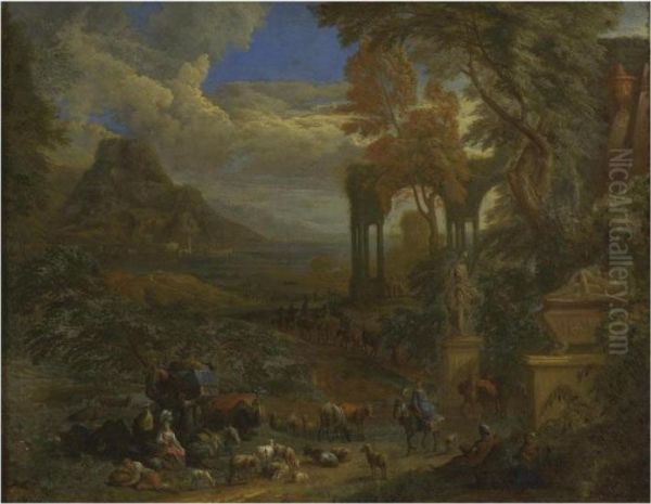 A Southern Landscape With Travellers Resting On A Path With Their Herd And Camels Near Antique Ruins Oil Painting by Pieter Rysbrack