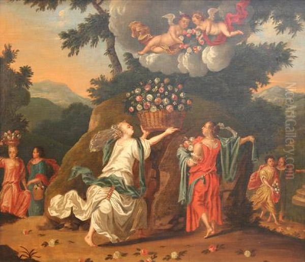 Allegory Of Plenty With A Group Of Females Wearing 17th Century Costume Oil Painting by Pieter Rysbrack