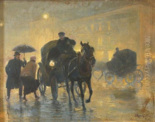 Les Fiacres La Nuit Oil Painting by Jozef Ryszkiewicz