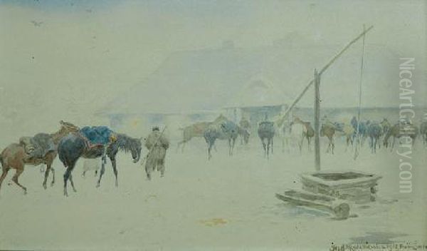 Konie Przy Studni Oil Painting by Jozef Ryszkiewicz