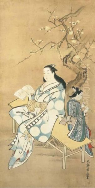 Courtesan And Flute Player Oil Painting by Kanshoken Ryugetsu