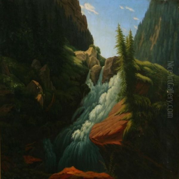 Fertile Norwegian Landscape With A Waterfall Oil Painting by Carl Anton Saabye